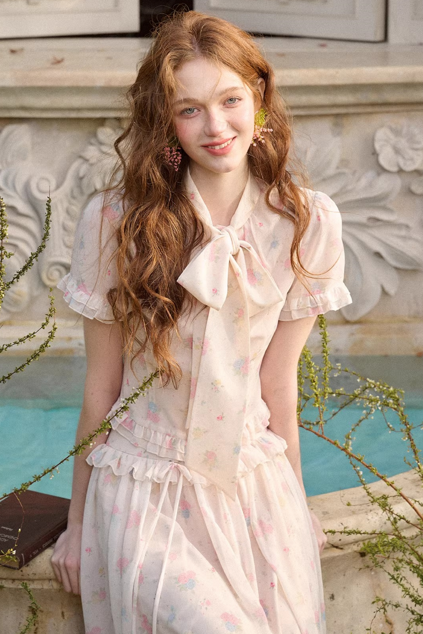 メディテラニアンプリントシフォントップス+スカート