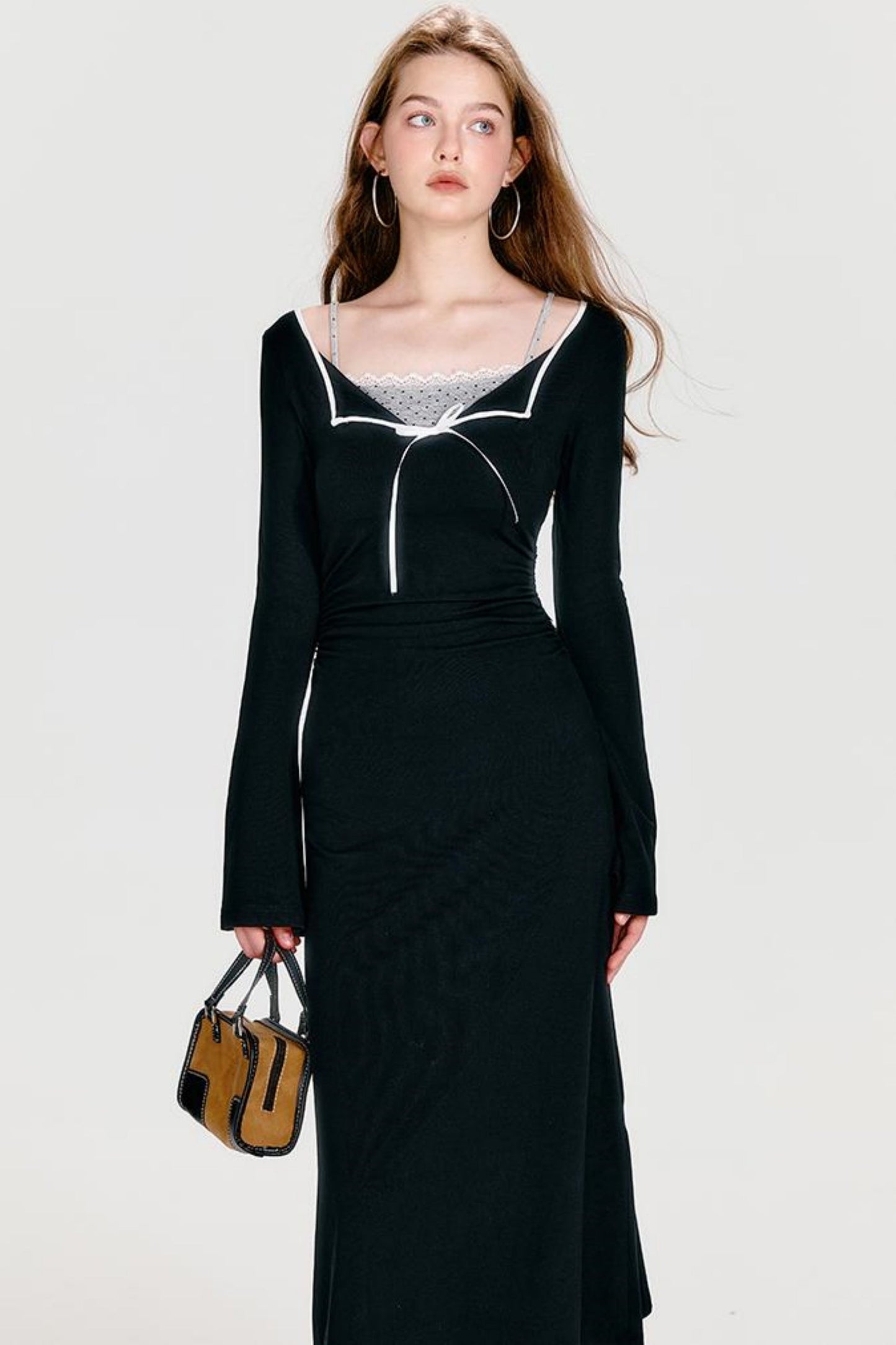 クールカラーブロックニットマキシドレス