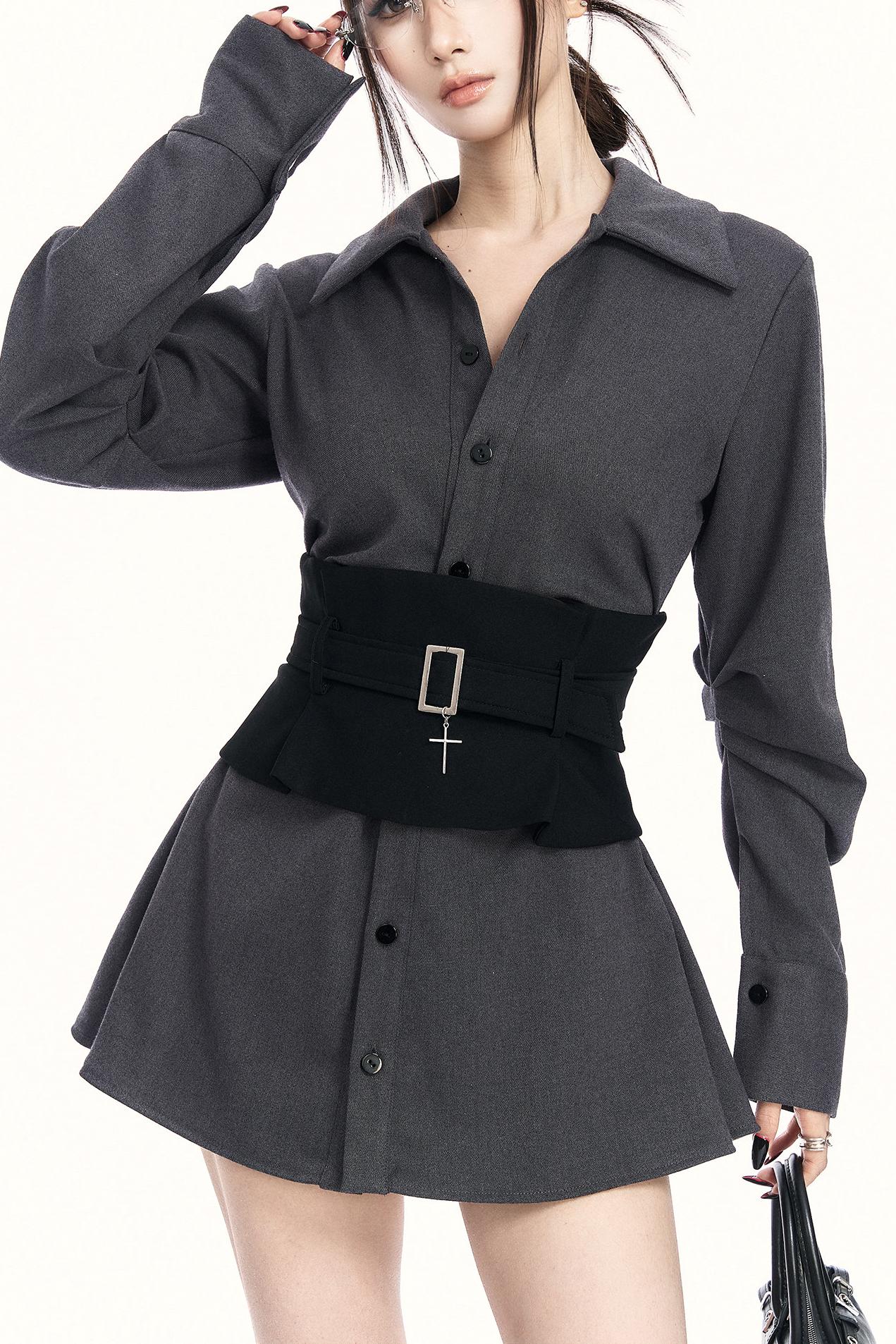 モードウエストマークレイヤードシャツ+ボトムス