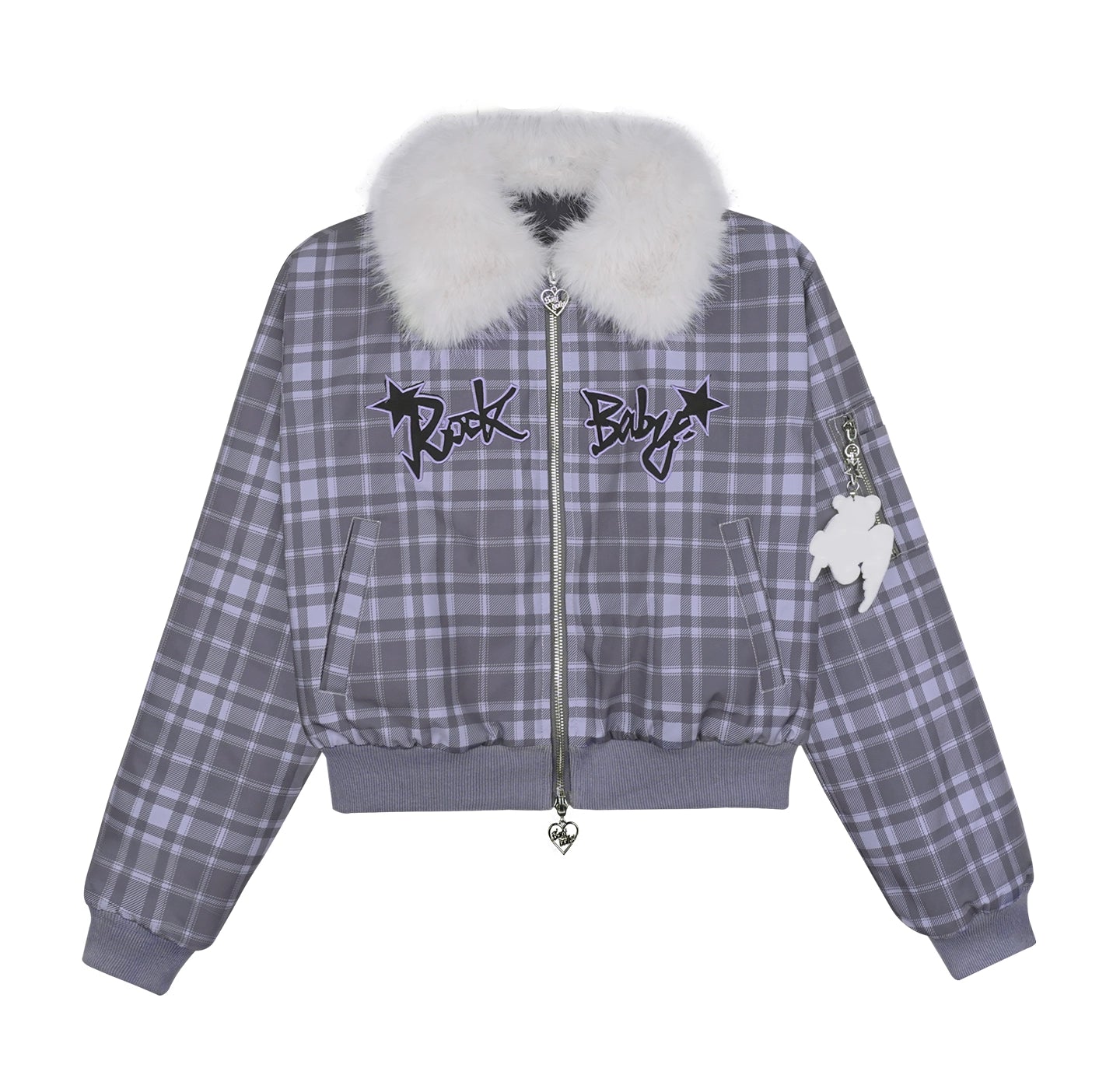 Purple Check Fur Collar Jacket