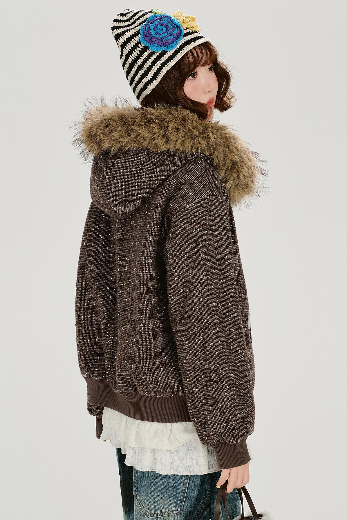 レトロファーカラーフーデッドジャケット