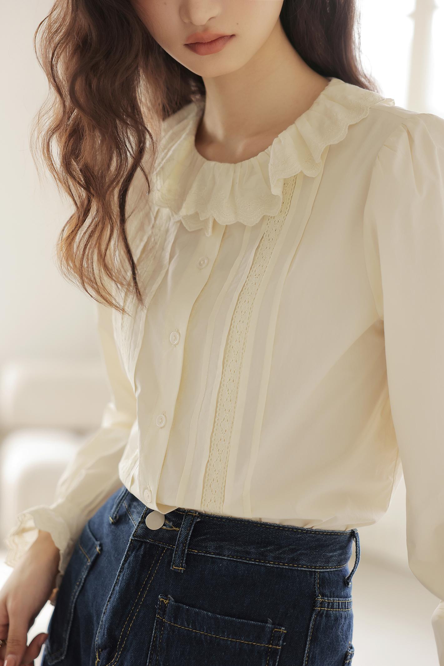 Ruffle Lace Collar Apricot Shirt