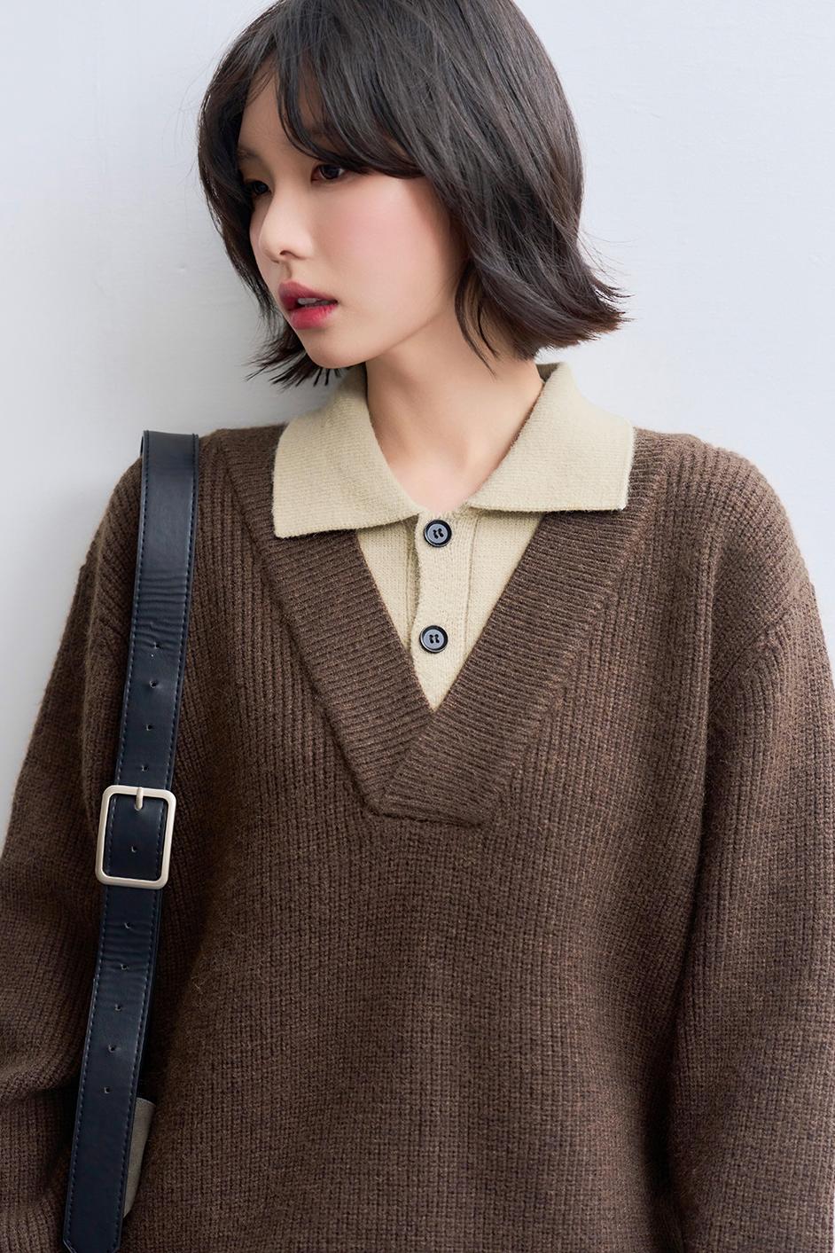 Knit Layered Lapel Collar Sweatshirt
