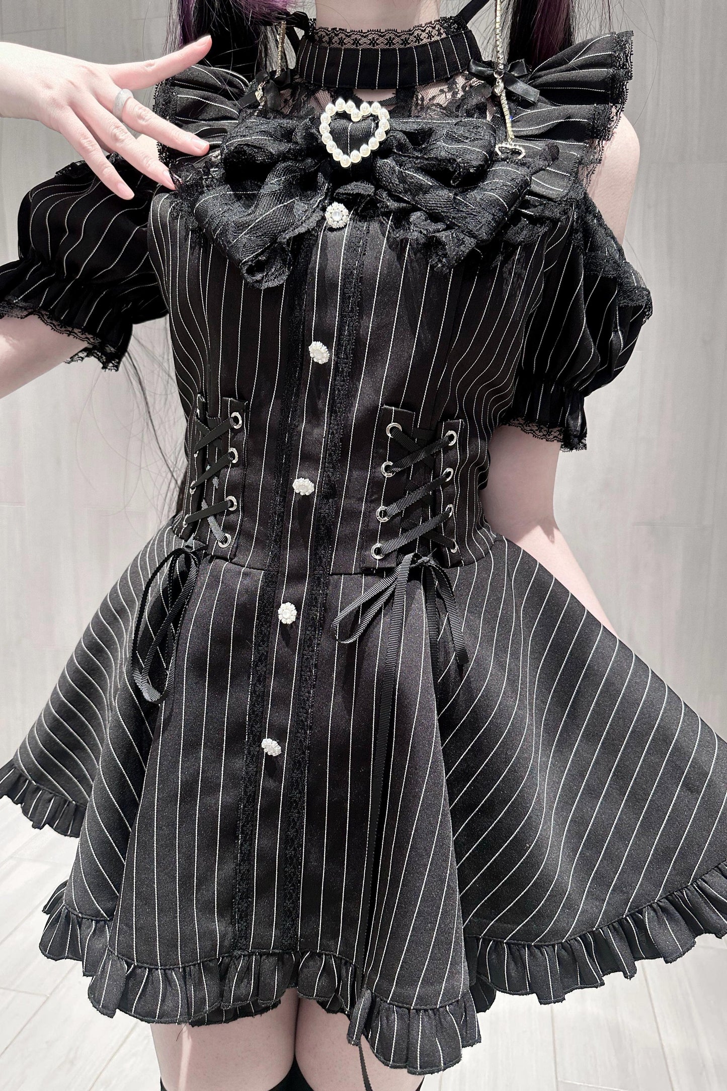 ブラック/ストライプゴシックレースリボンドレスセットアップ
