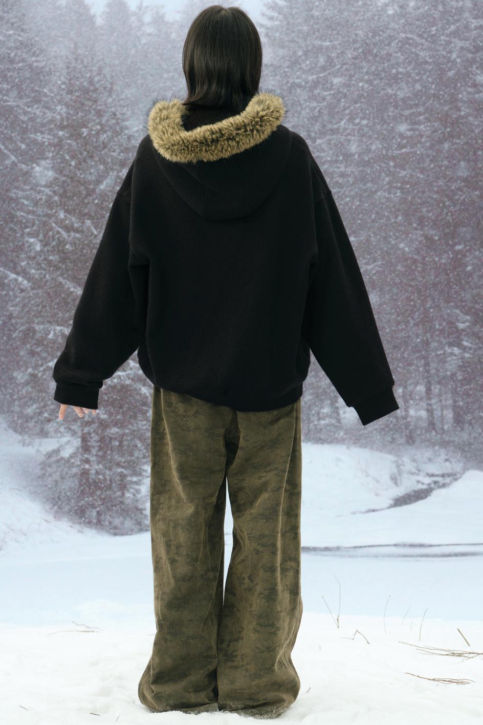 Knit Fur Collar Hooded Sweatshirt