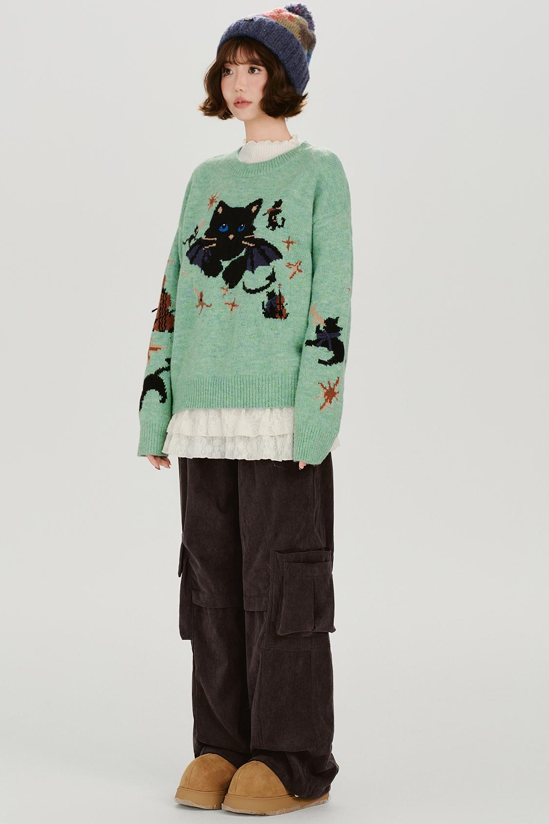 Cat Jacquard Retro Pullover Sweatshirt