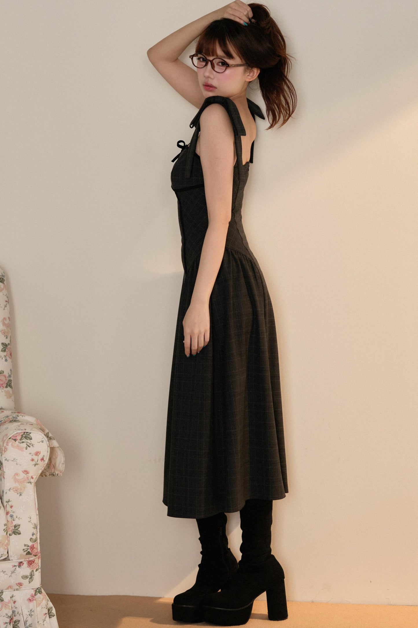 ブラックトップス+リボンショルダーチェックJSKドレスセットアップ