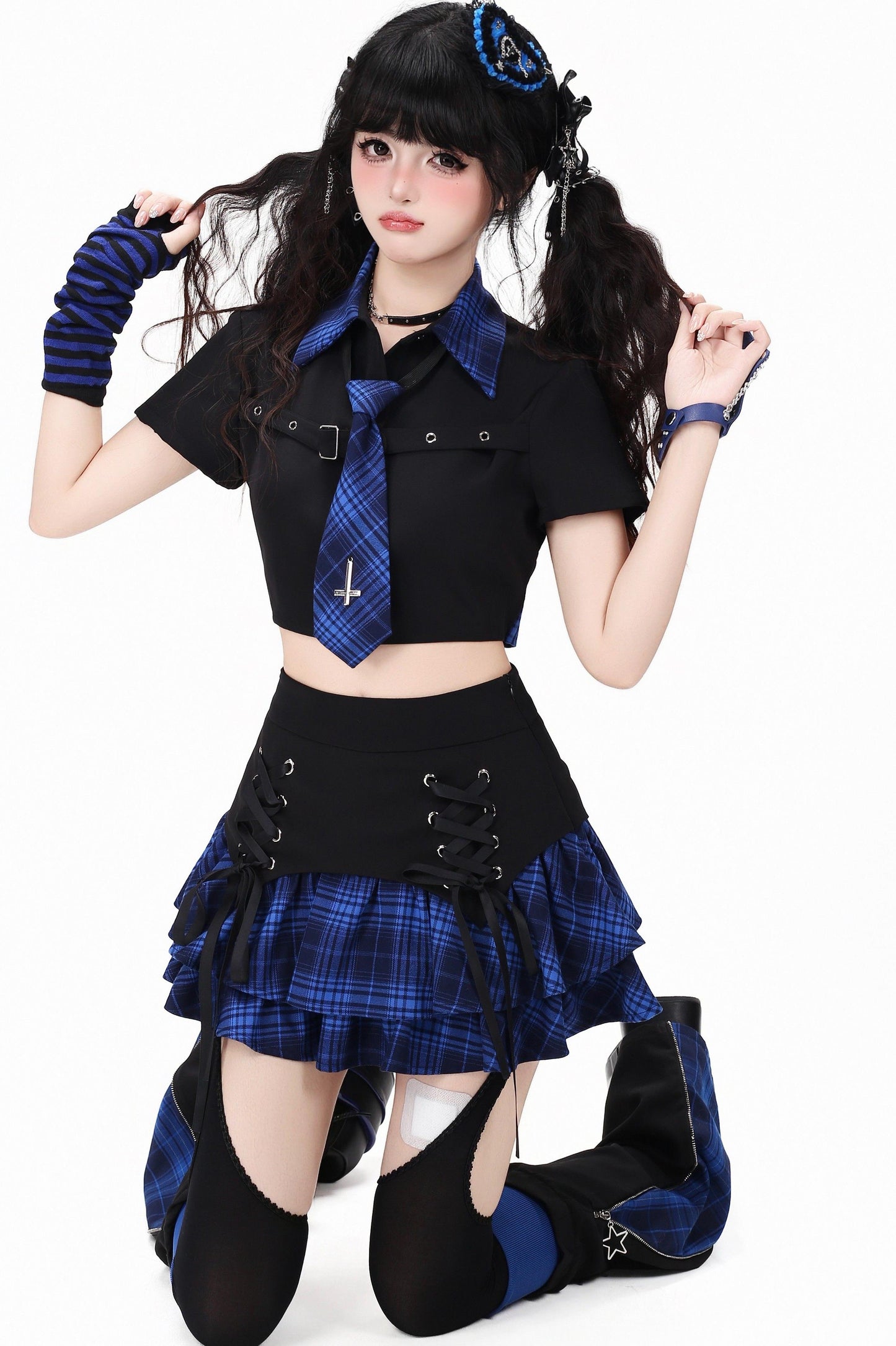 Gothic Plaid Mini Skirt with Heart Charm + Leg Warmers