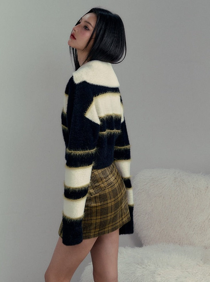 Retro Leather Button Check Pocket Design Skirt