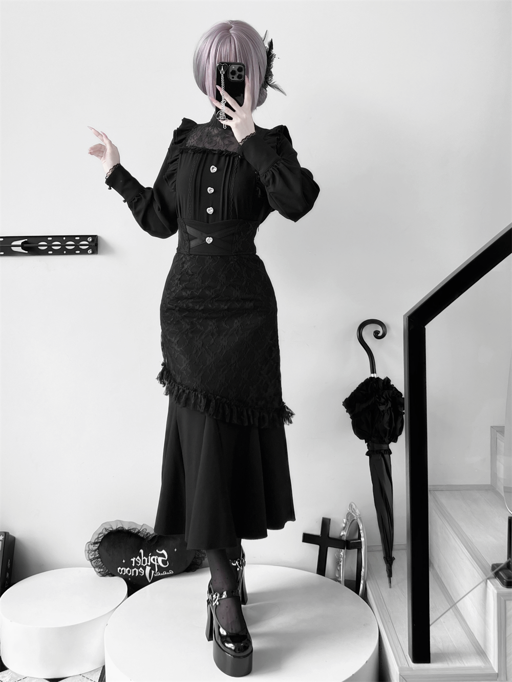 【数量限定】フリルリボンシャツダークマーメイドスカートセットアップ