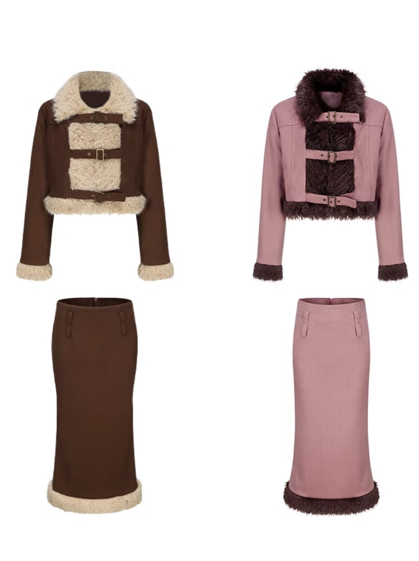 Splicing wool fur short jacket + long skirt