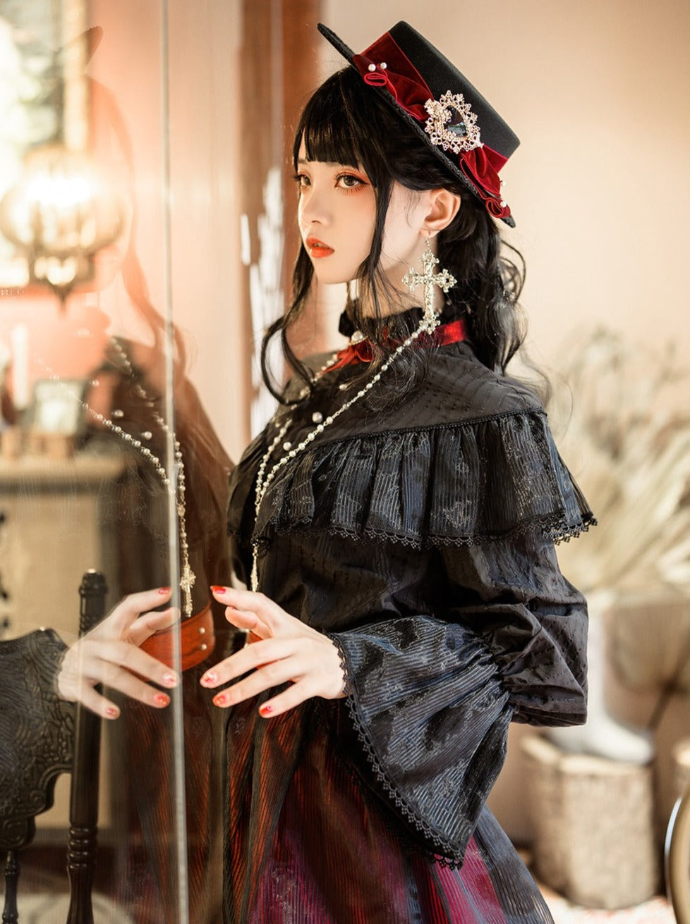Red Retro Elegant Dark Gothic Lolita Stand Collar Shirt