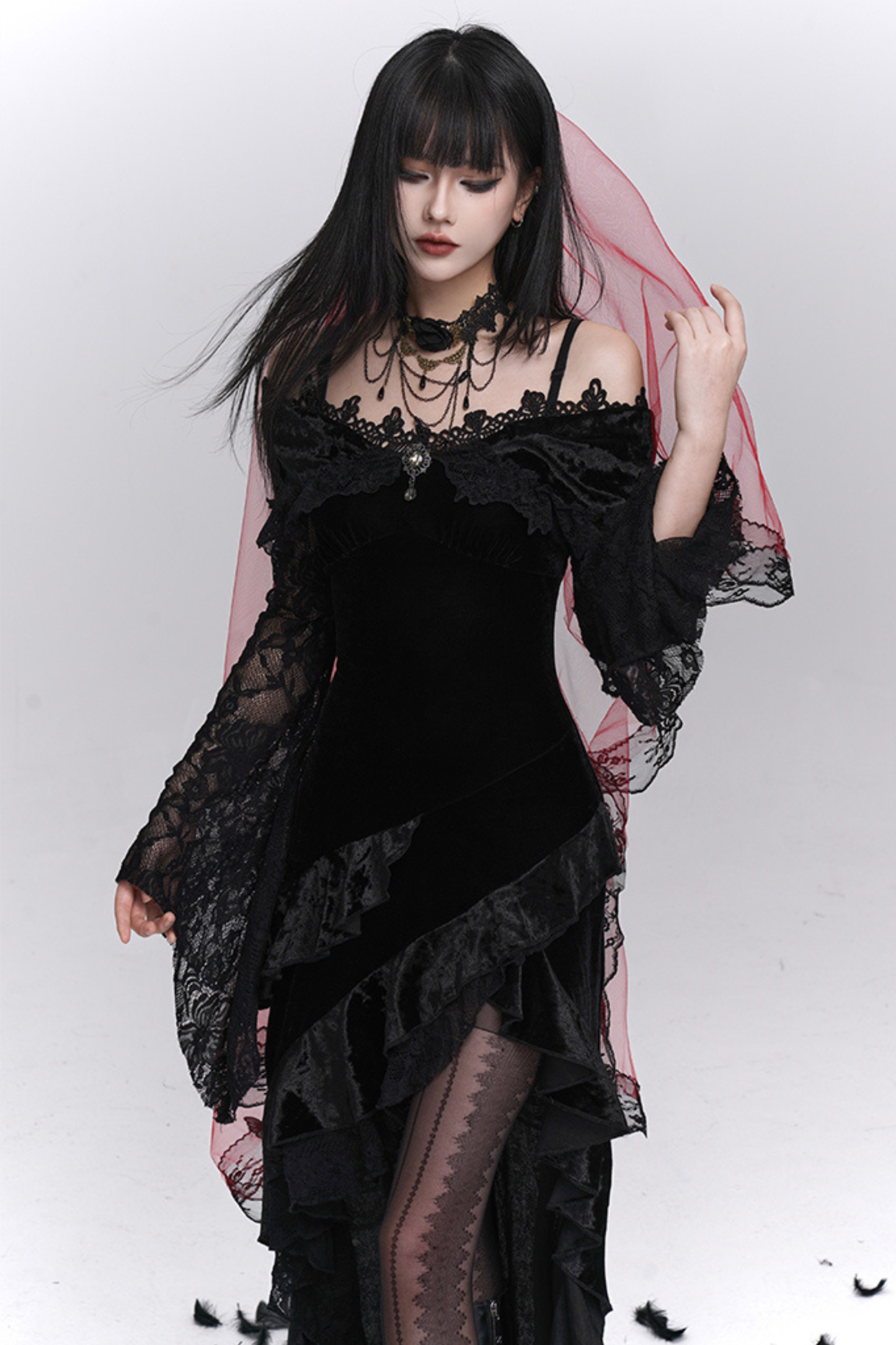 Gothic Lace Flare Long Dress