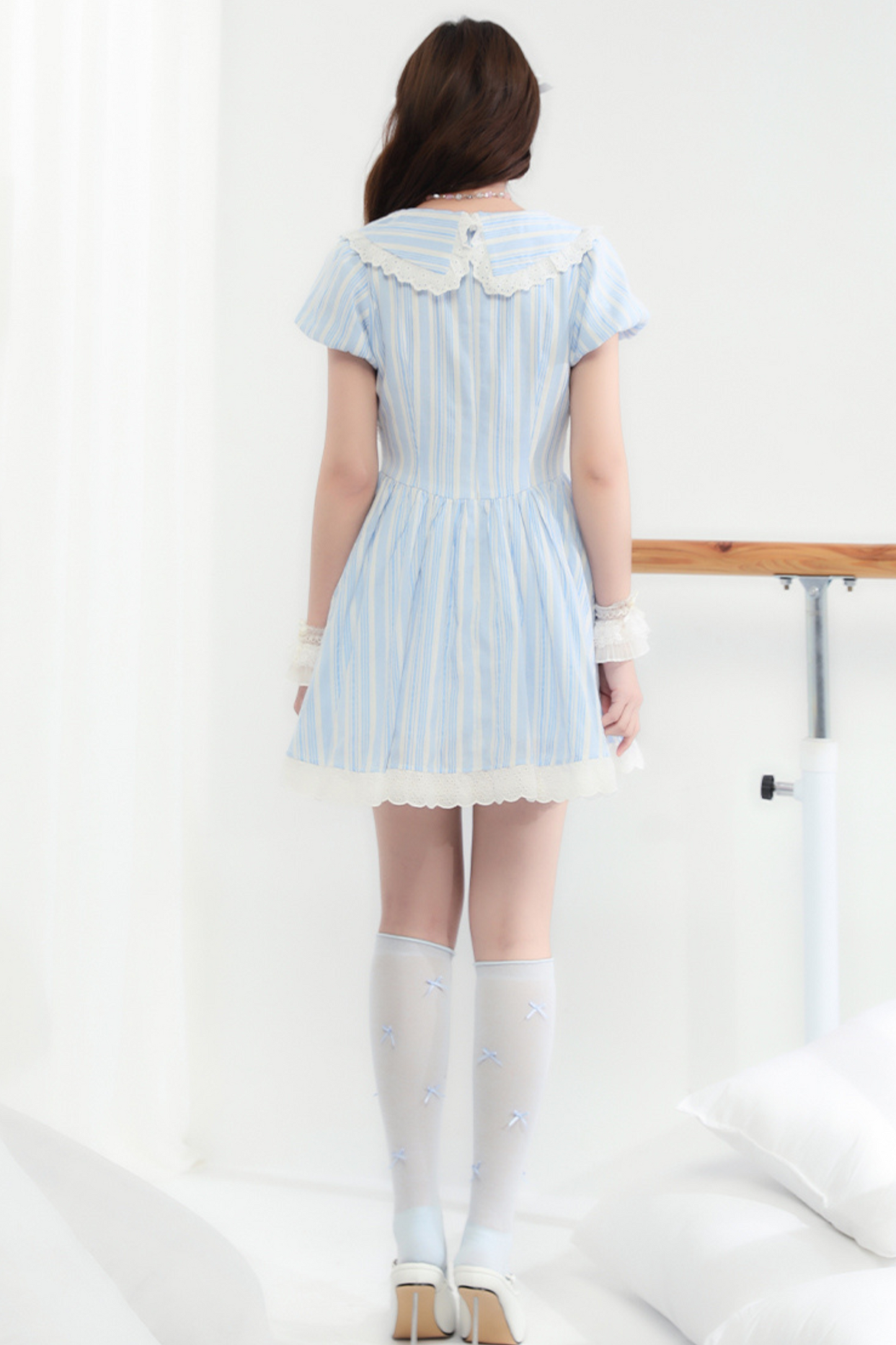 Lace Ribbon Blue Striped Dress