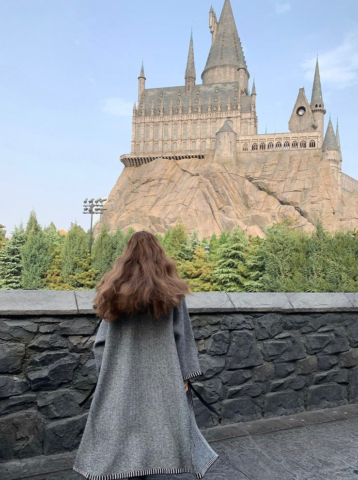 Cardigan long à capuche, gris, rétro, style collège