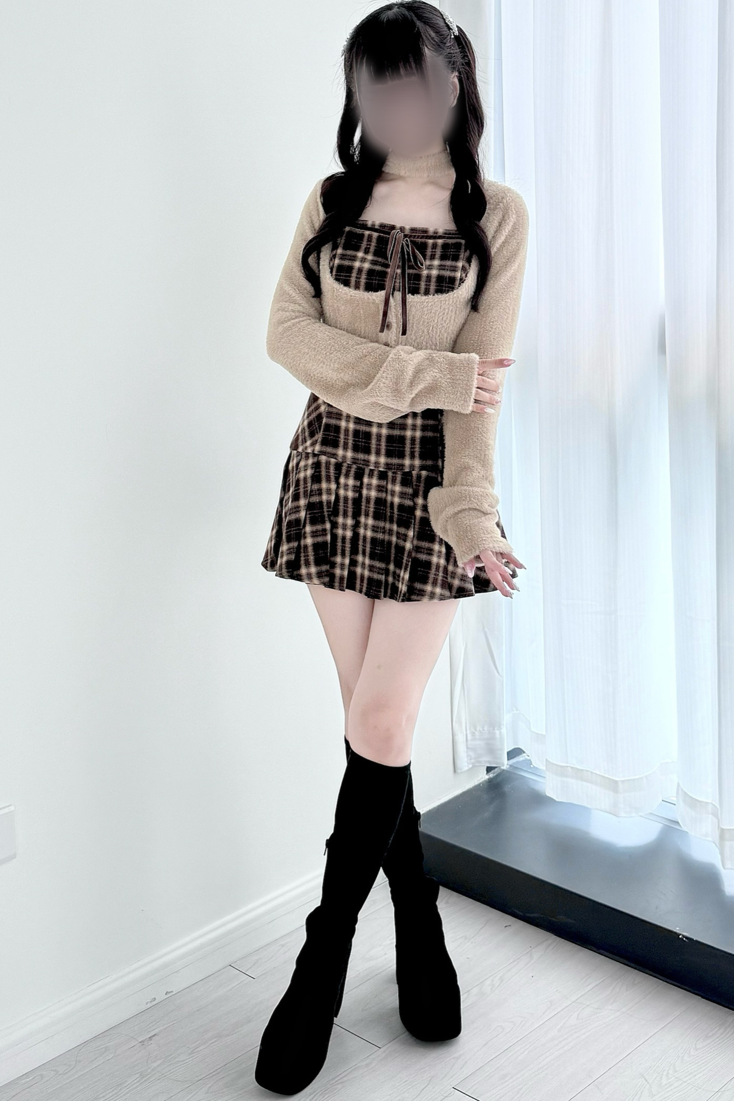チェックフレアドレス+ショートカーディガン