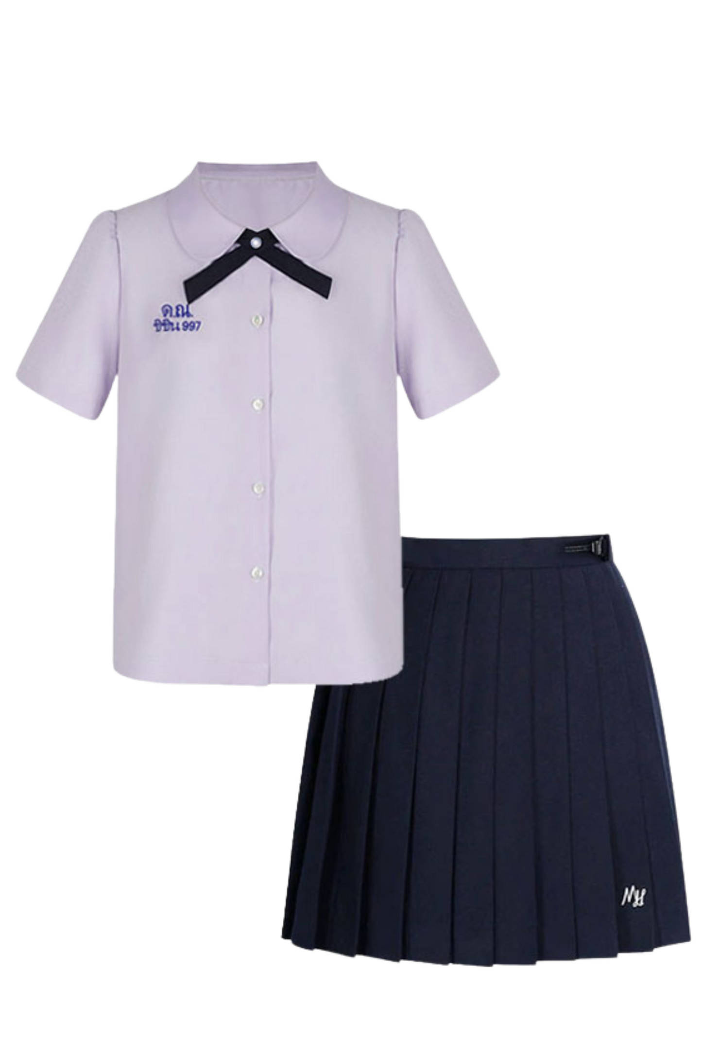 College ribbon tie shirt + pleated skirt