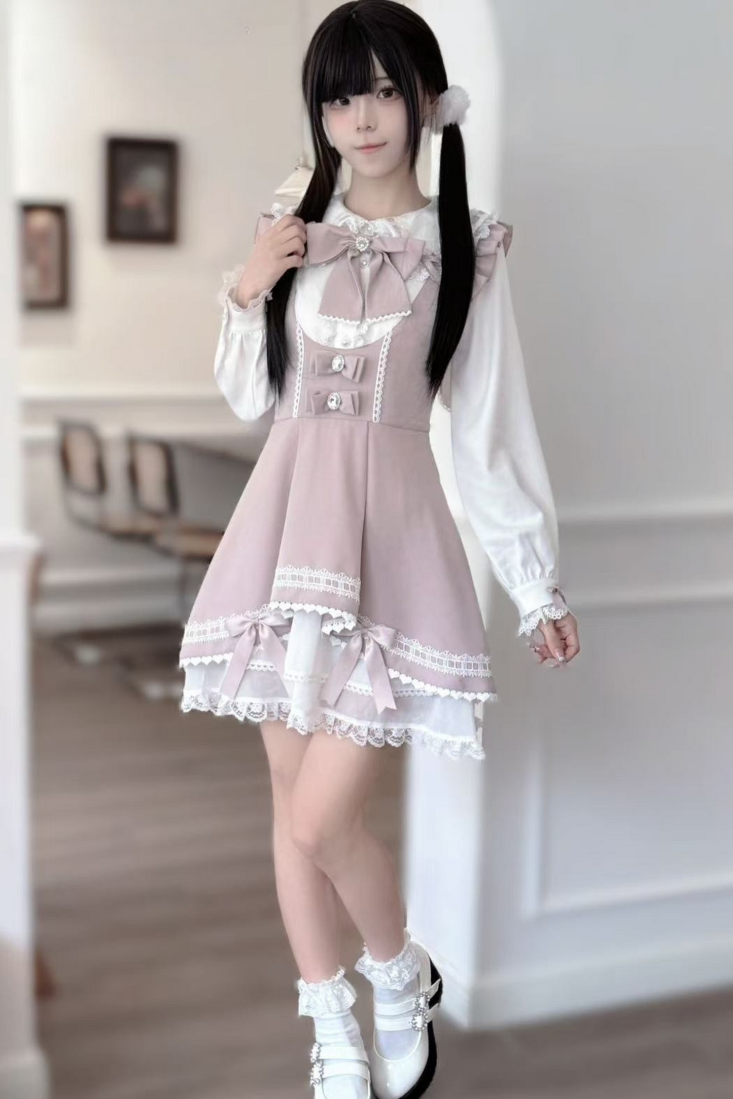 Rabbit Sweet Shirt + Ribbon Suspender Skirt
