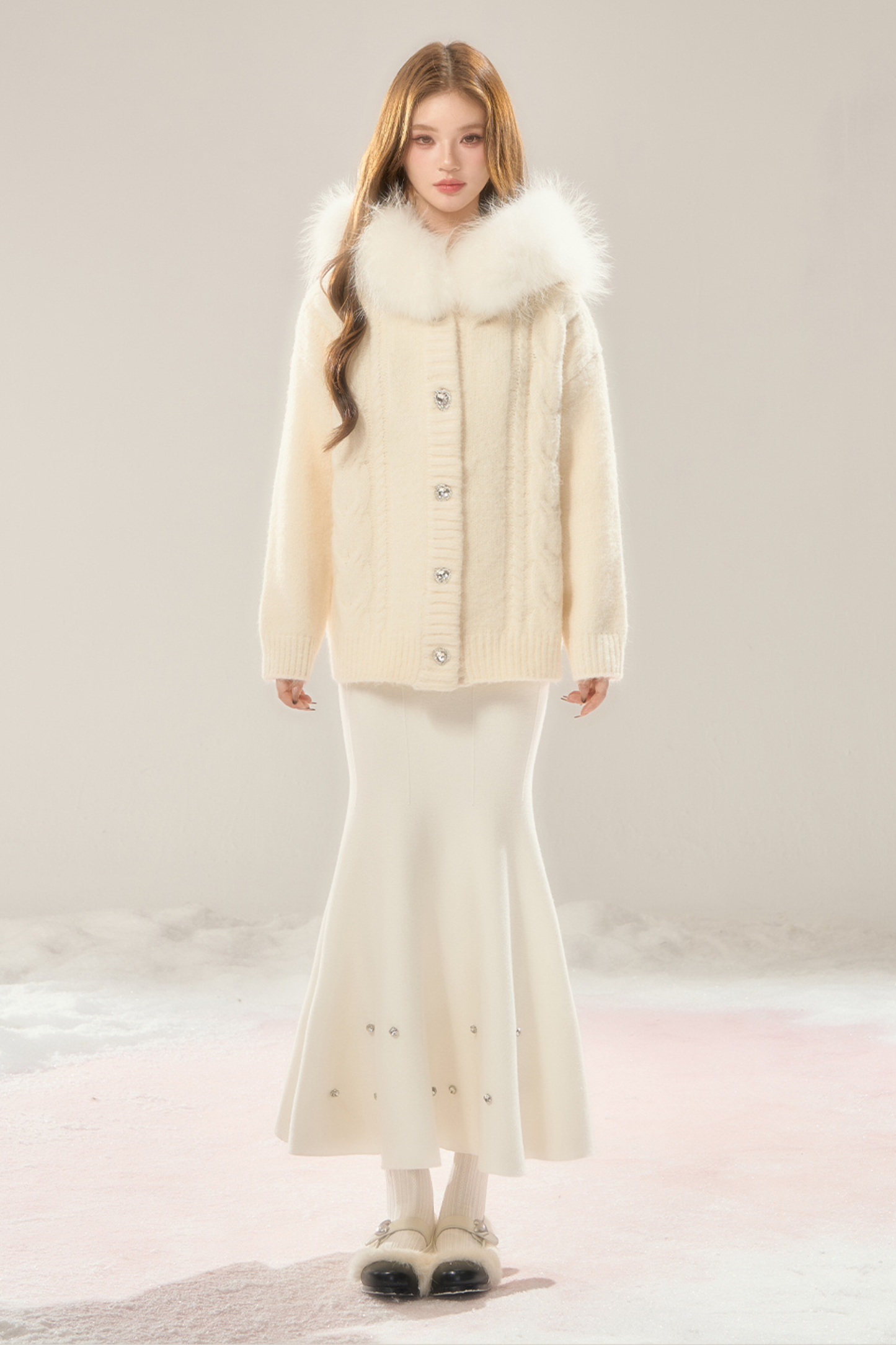 Sweet Fur Collar Hooded Knit Cardigan