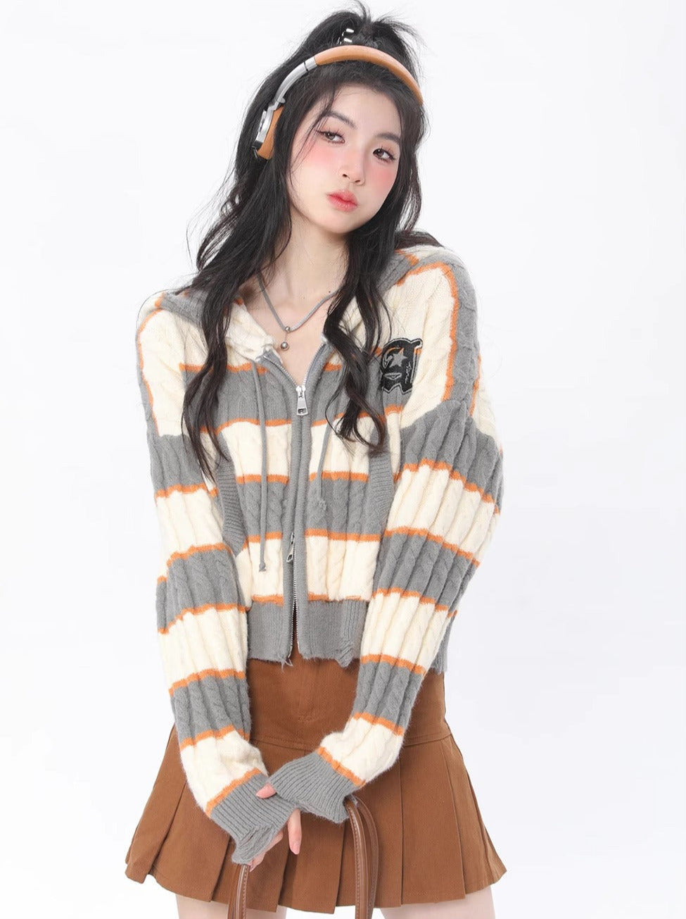 American Retro Striped Short Hooded Cardigan Knit