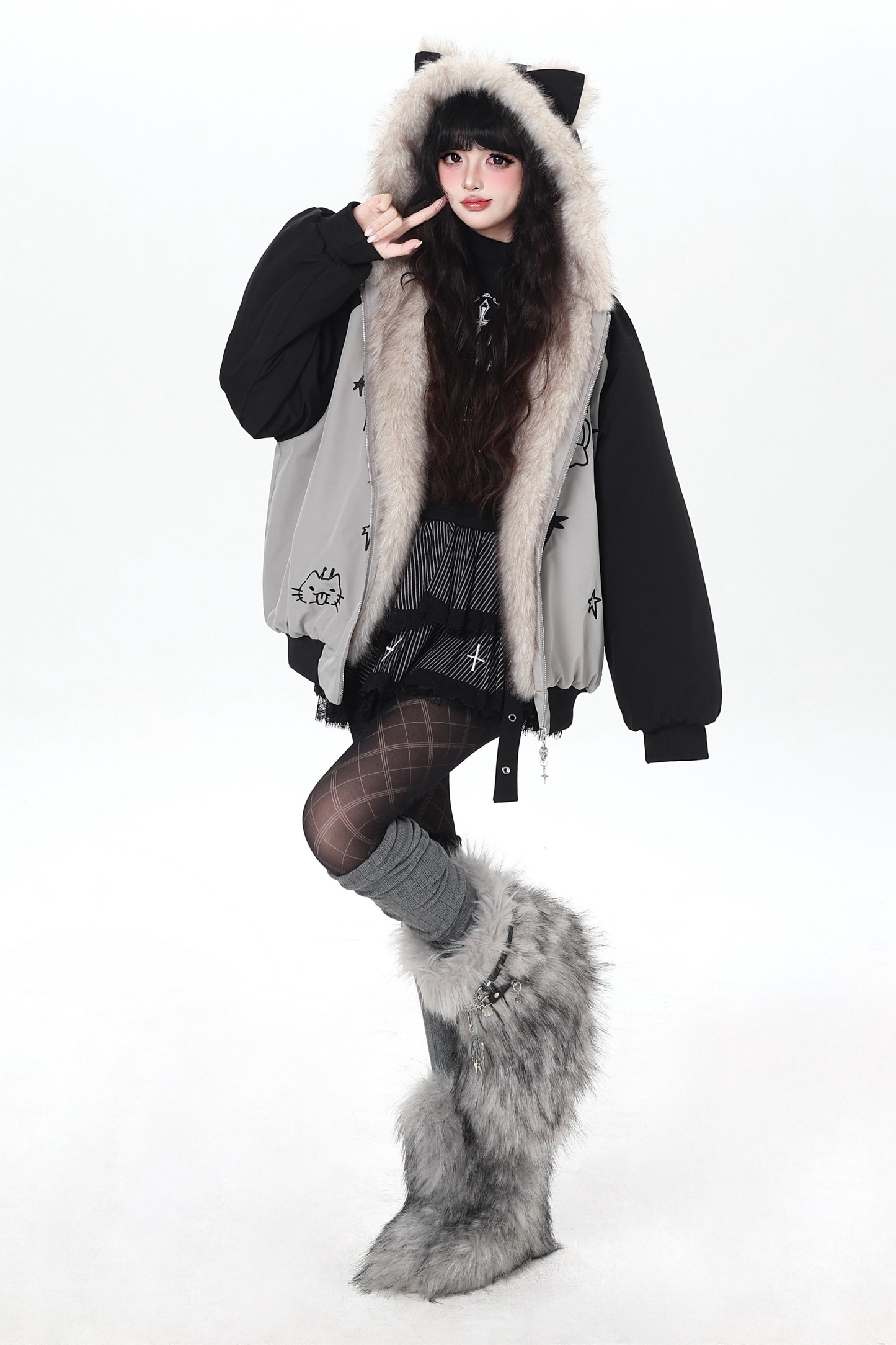 Cat Ear Bicolor Fur Jacket