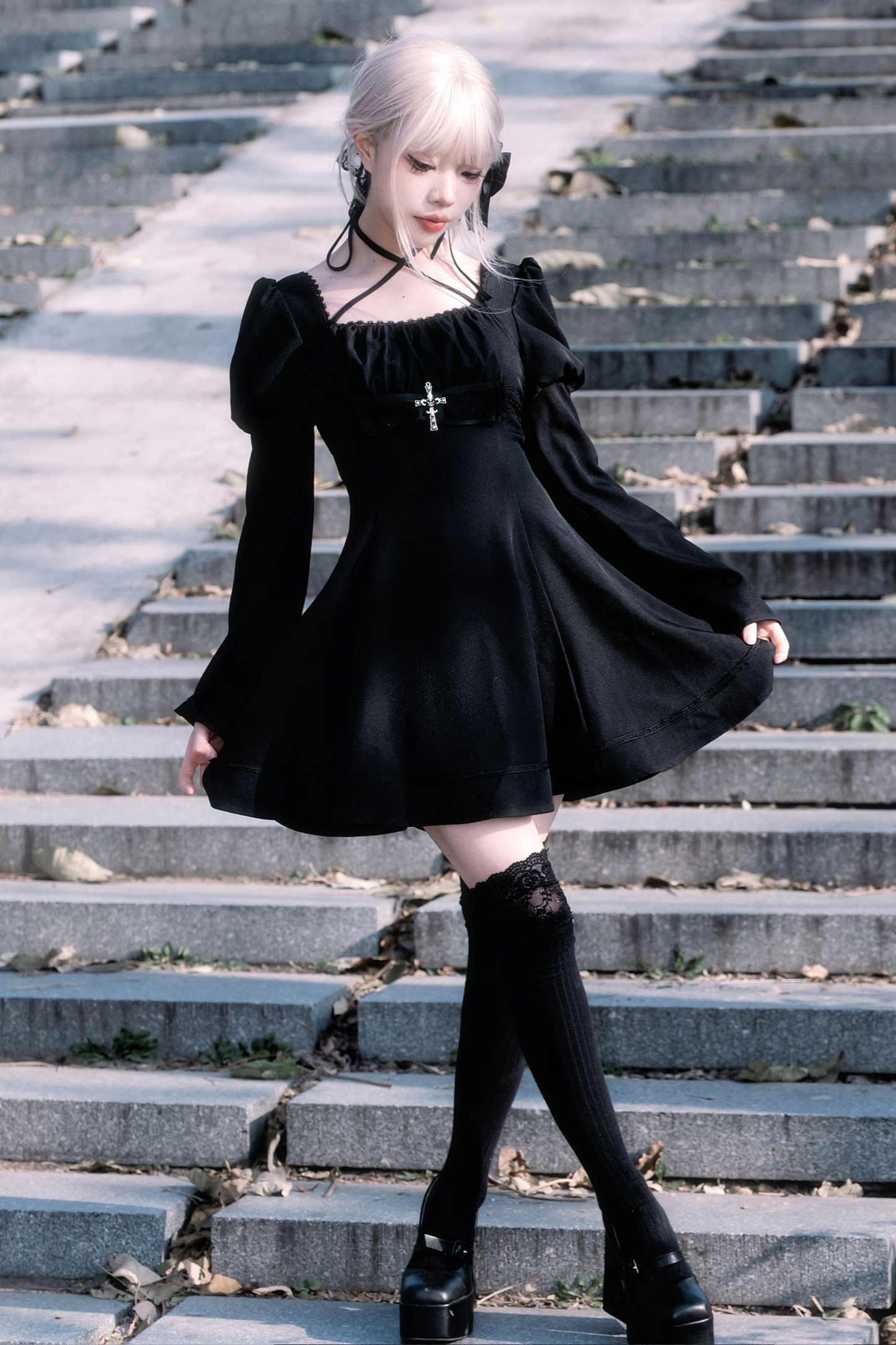 Dark Gothic Girl Flared Dress
