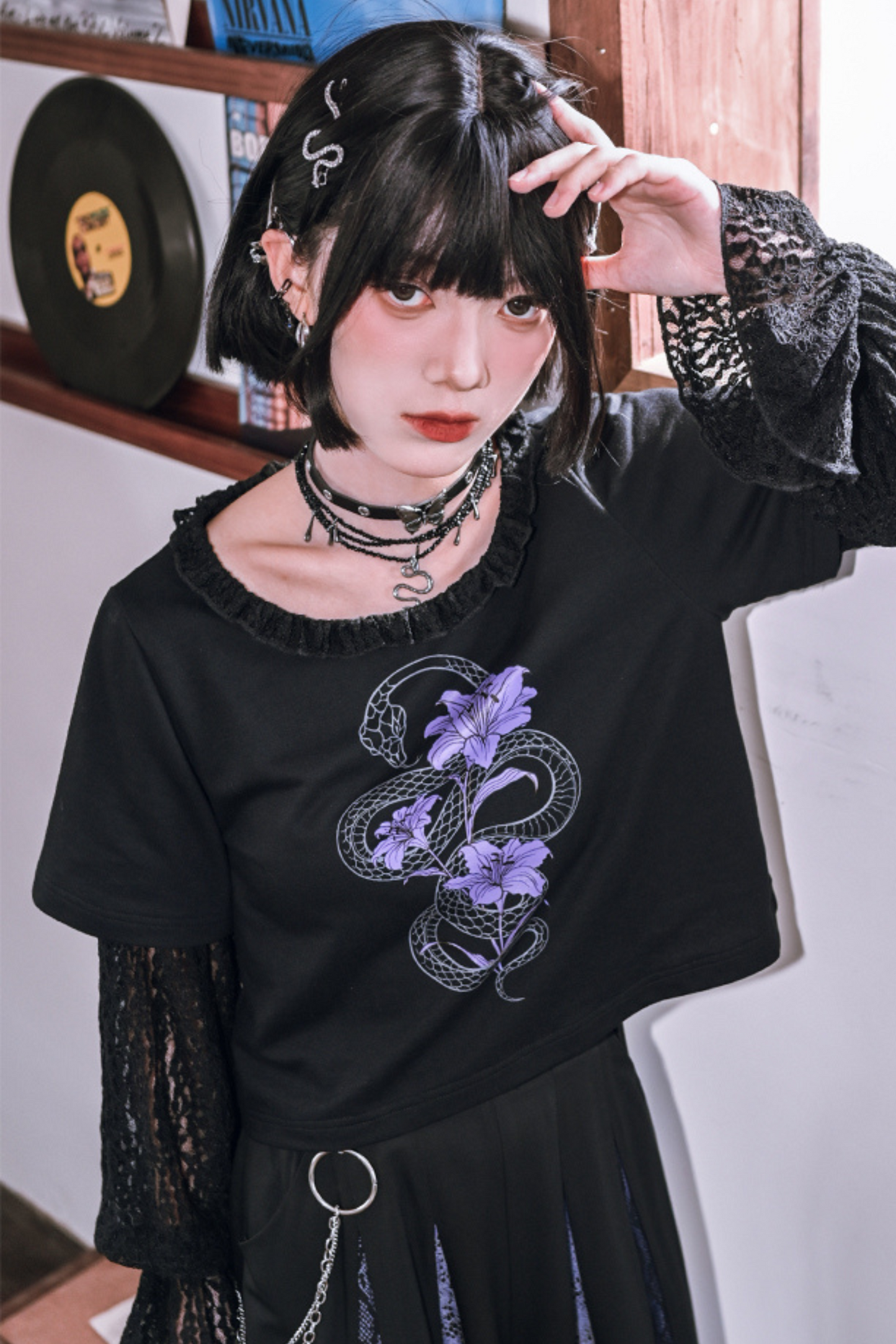 Lace Stitch Black Sweet Cool Top