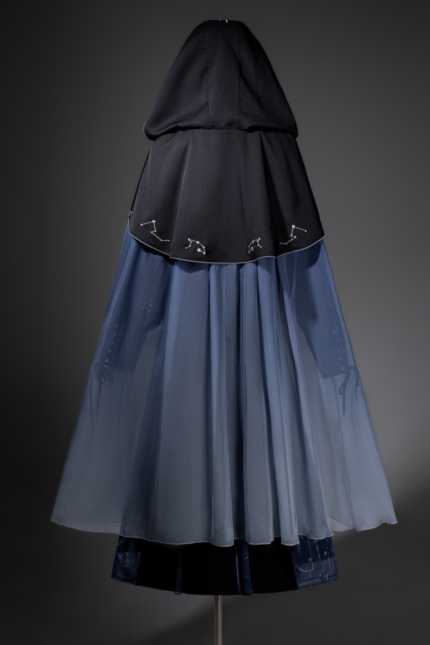 Dark china hooded top + belt + cape + necklace + skirt