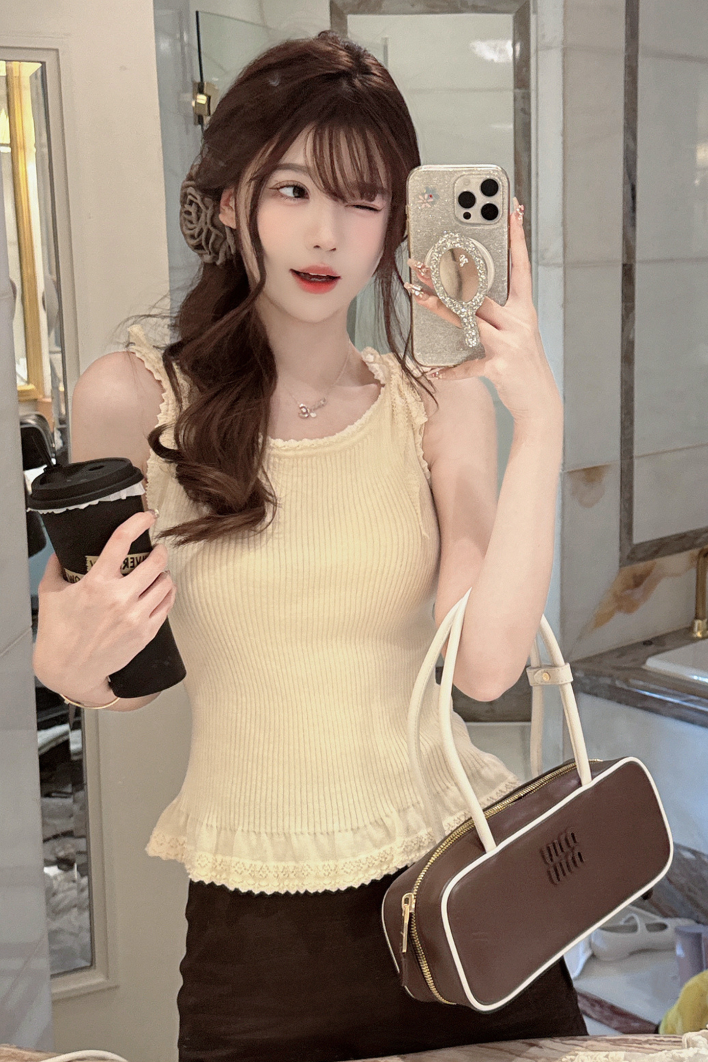 レースニットリボンショルダーキャミソール