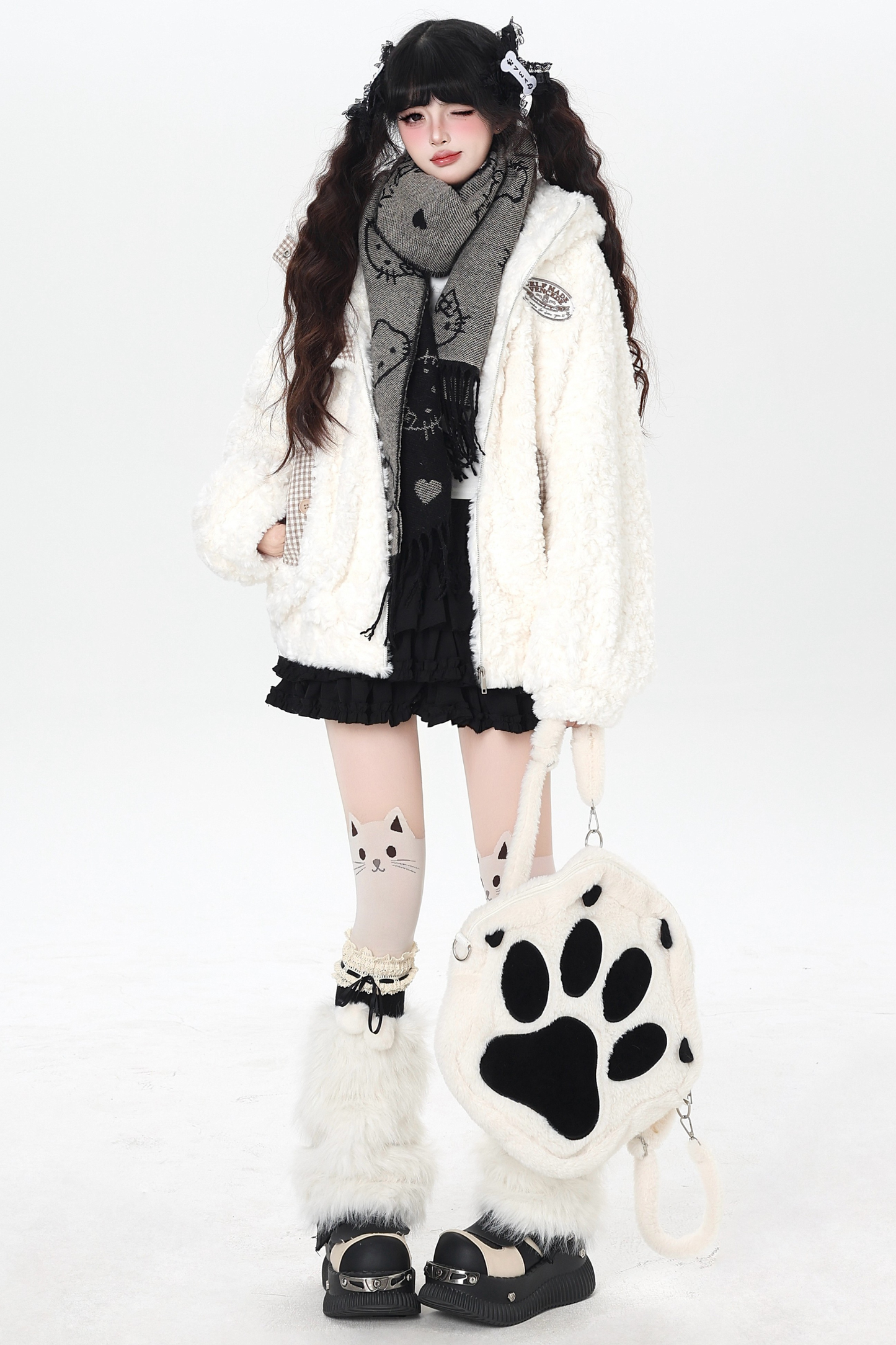 Check Long Bunny Ear Fur Jacket
