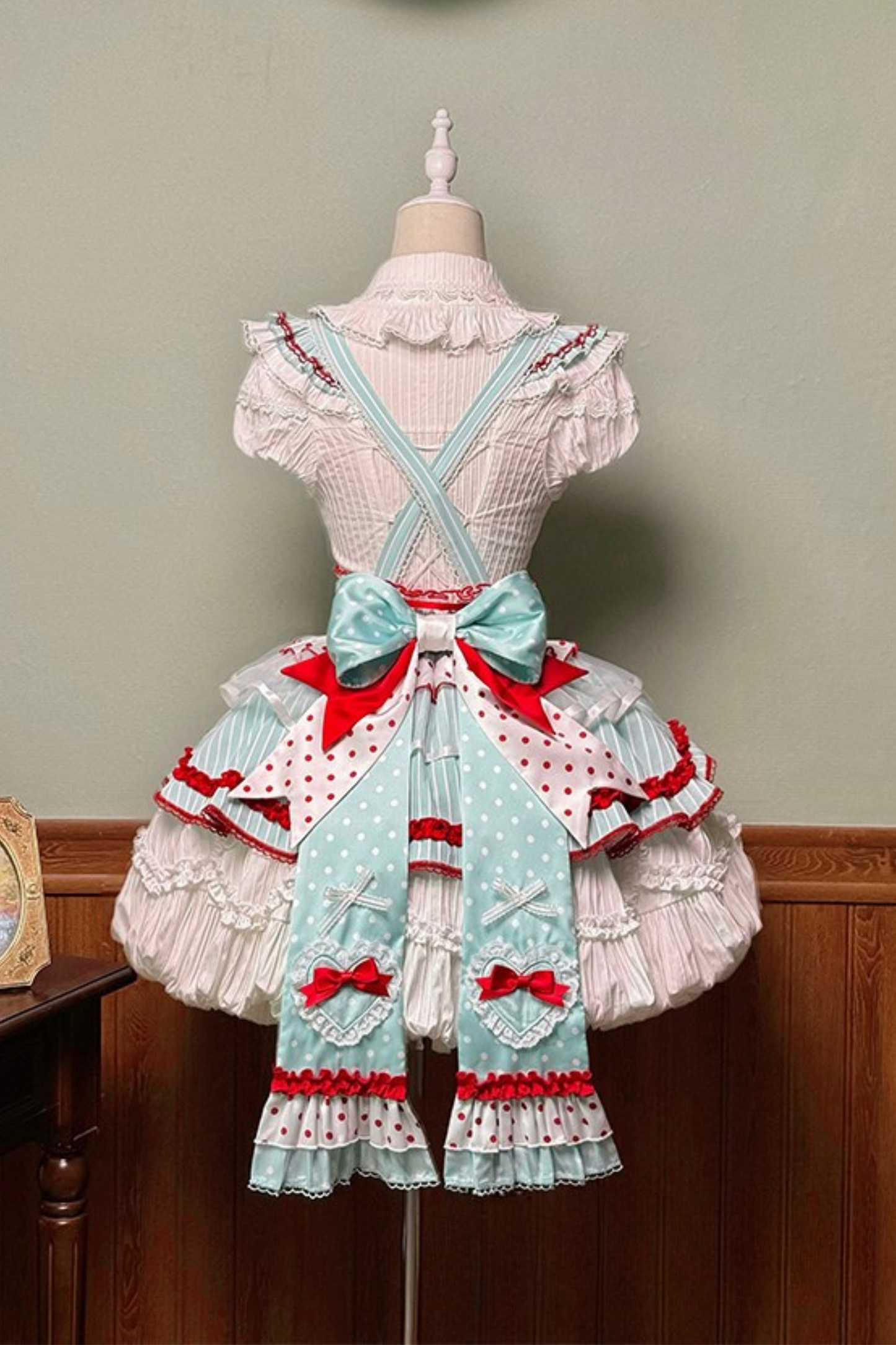 【4月3日予約締切】ツインケーキロリータドットリボンストライプドレス+フラワーバドスカートドレス