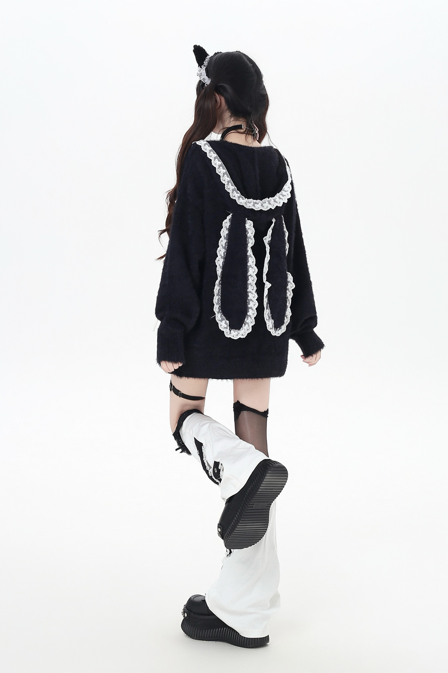 Lace hooded cardigan with rabbit ears