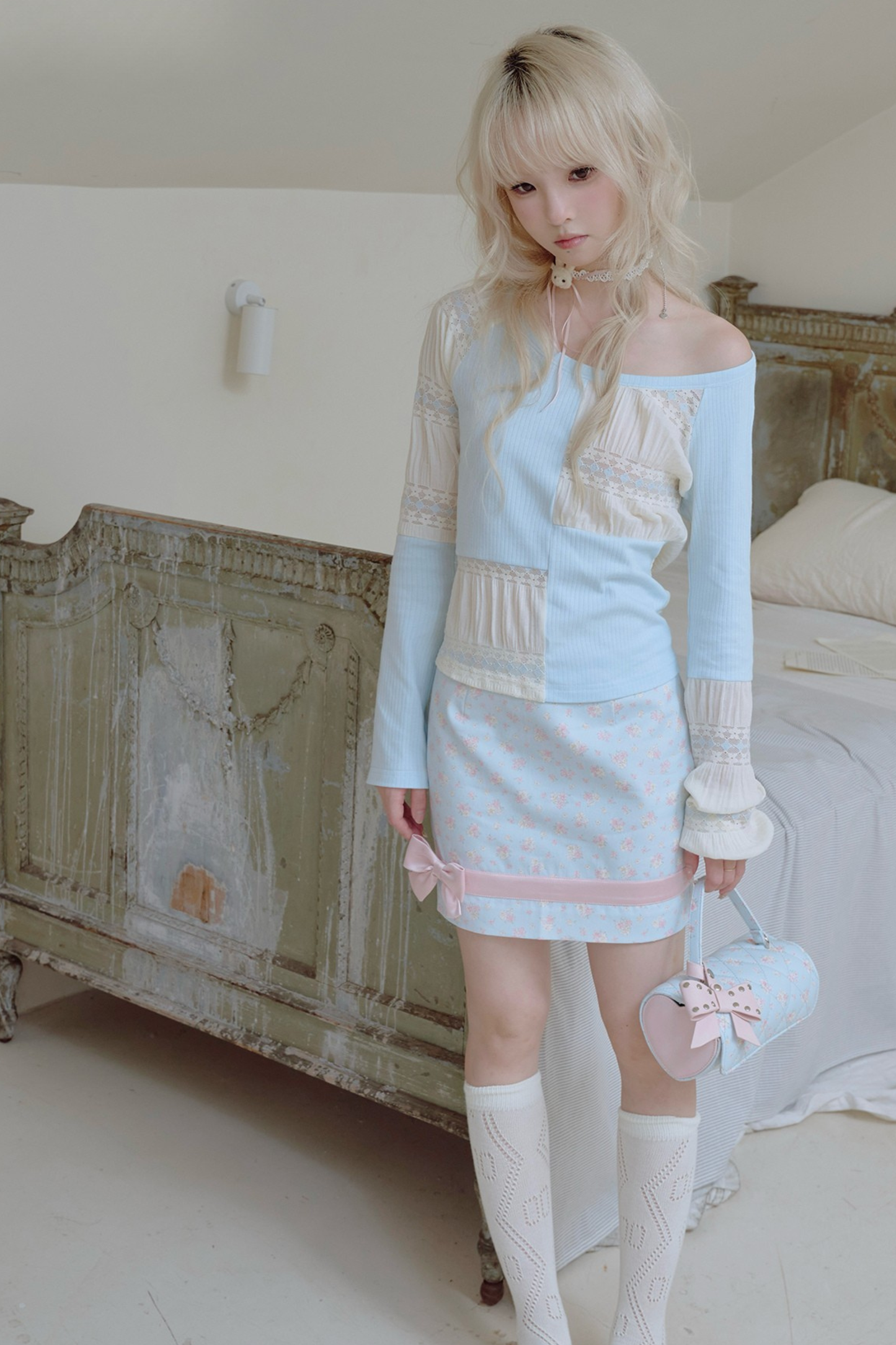 パッチワークデザインクルーネックトップス