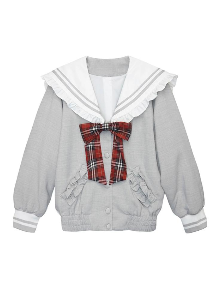 カレッジスタイルネイビーカラーベースボールフリルセーラーレザージャケット