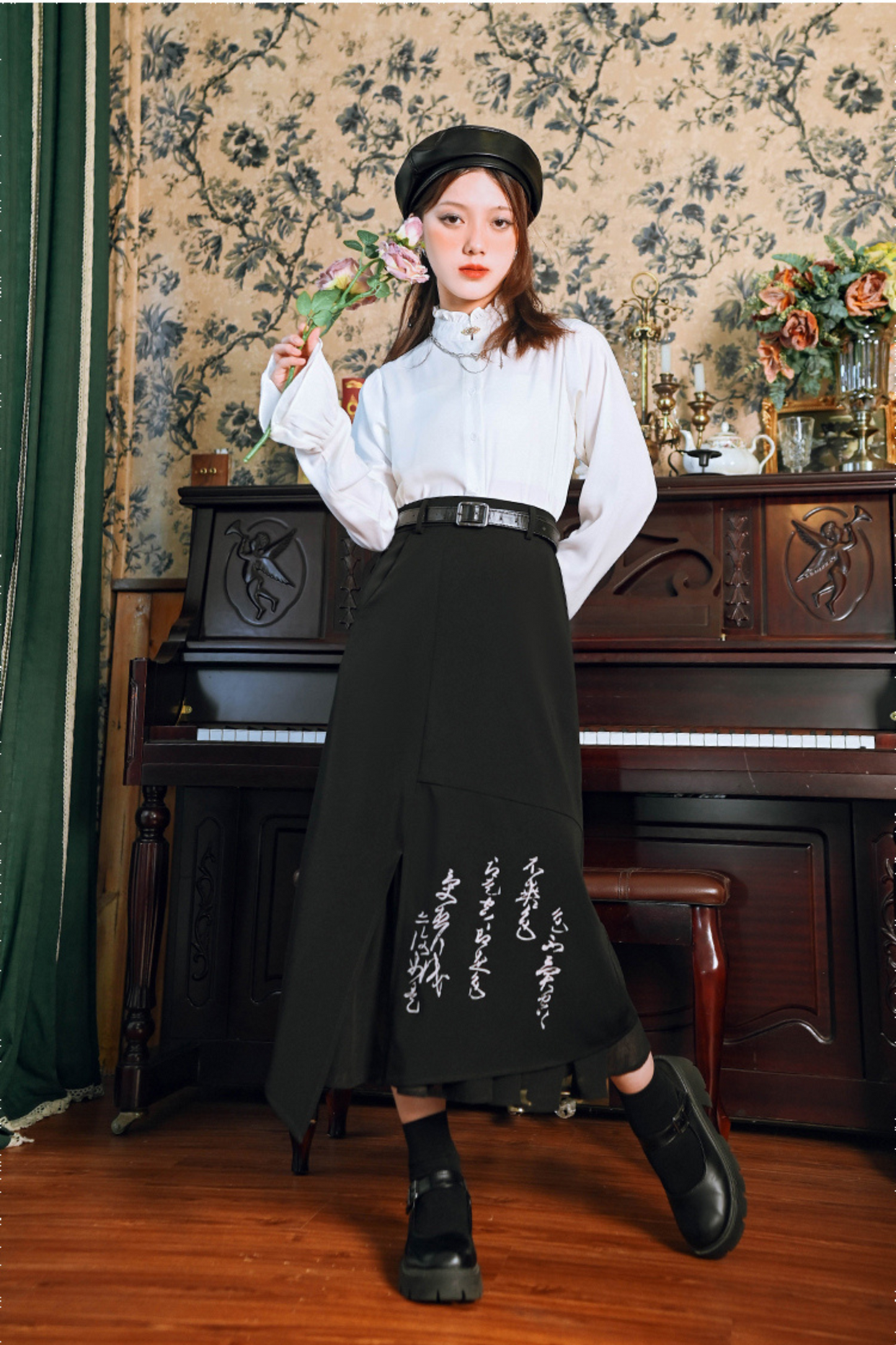 Metal button stand collar shirt