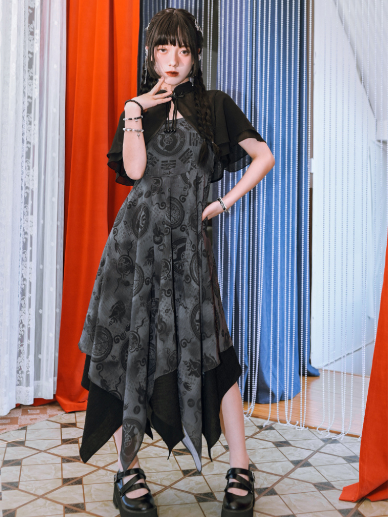 Dark Chinese-Style Asymmetric Long Camisole Dress + Short Cardigan Belchic Dark Chinese-Style Asymmetric Long Camisole Dress + Short Cardigan Belchic