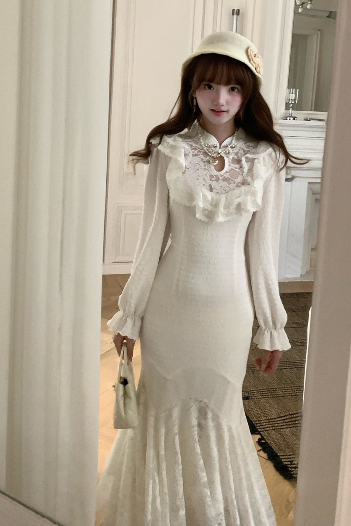 パフスリーブニットレースワンピース