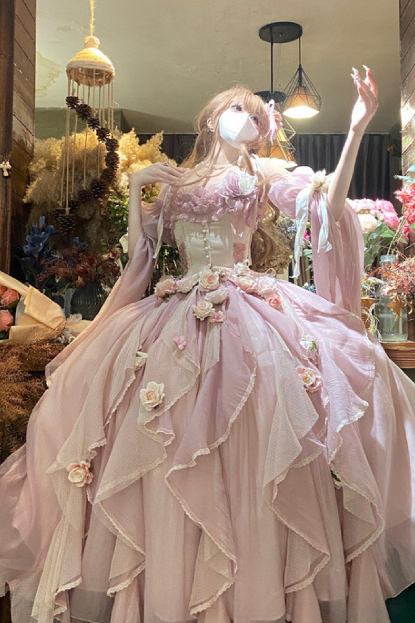 Blue Pink Fishbone Corset Wedding Dress