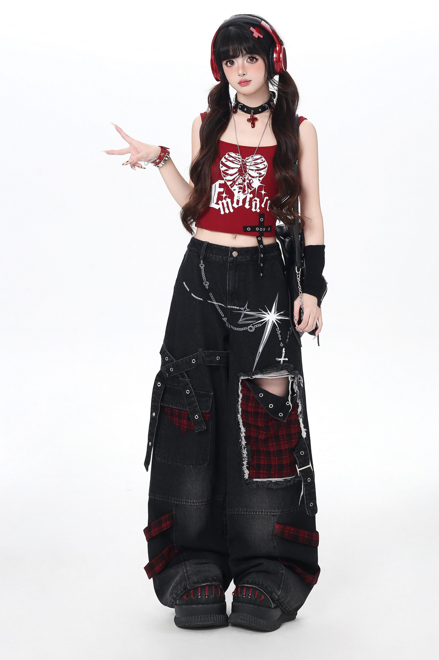 Plaid Patchwork Wide Denim Pants