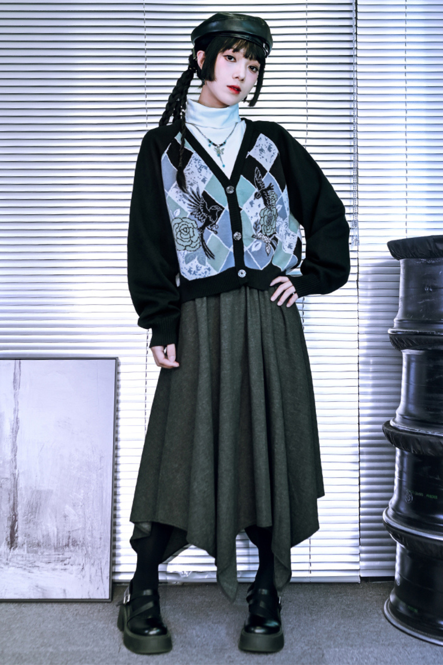 Argyle Flower Cardigan + Asymmetrical Skirt