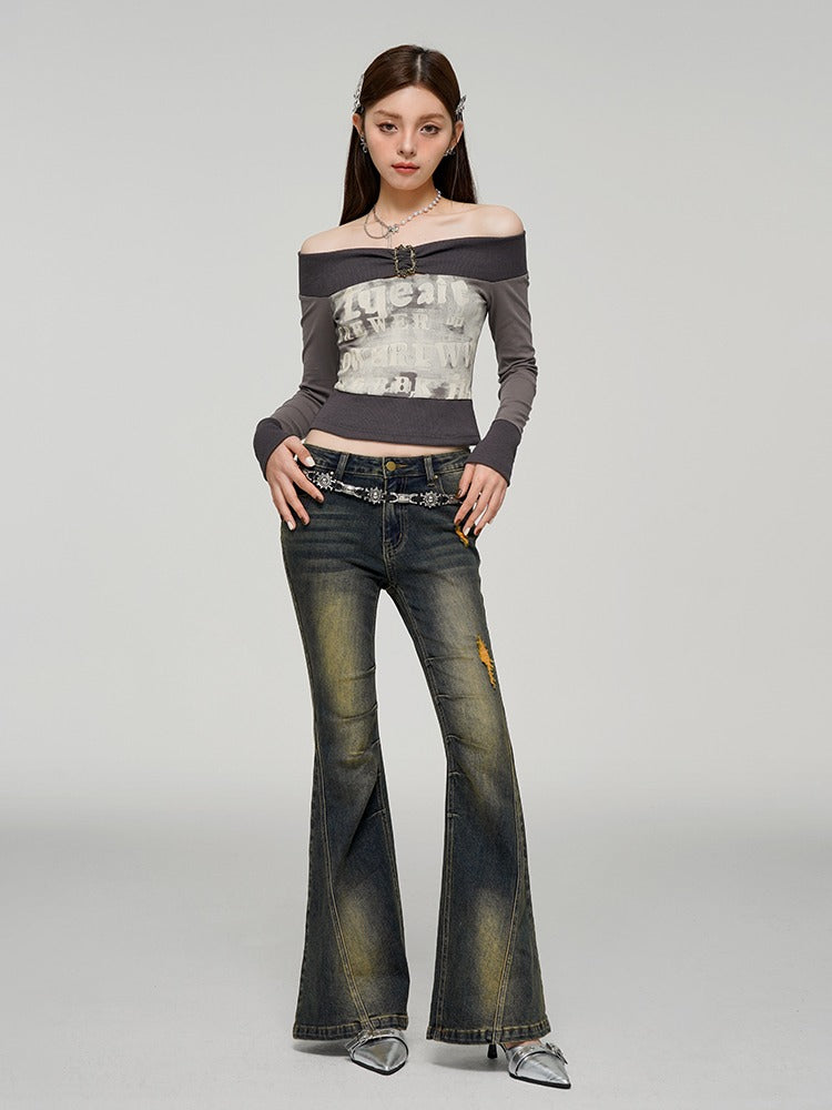 グレーコントラストカラーワンショルダープリントトップス