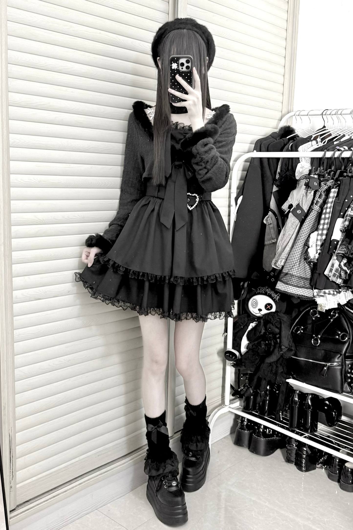 Mine suspender skirt + short cardigan