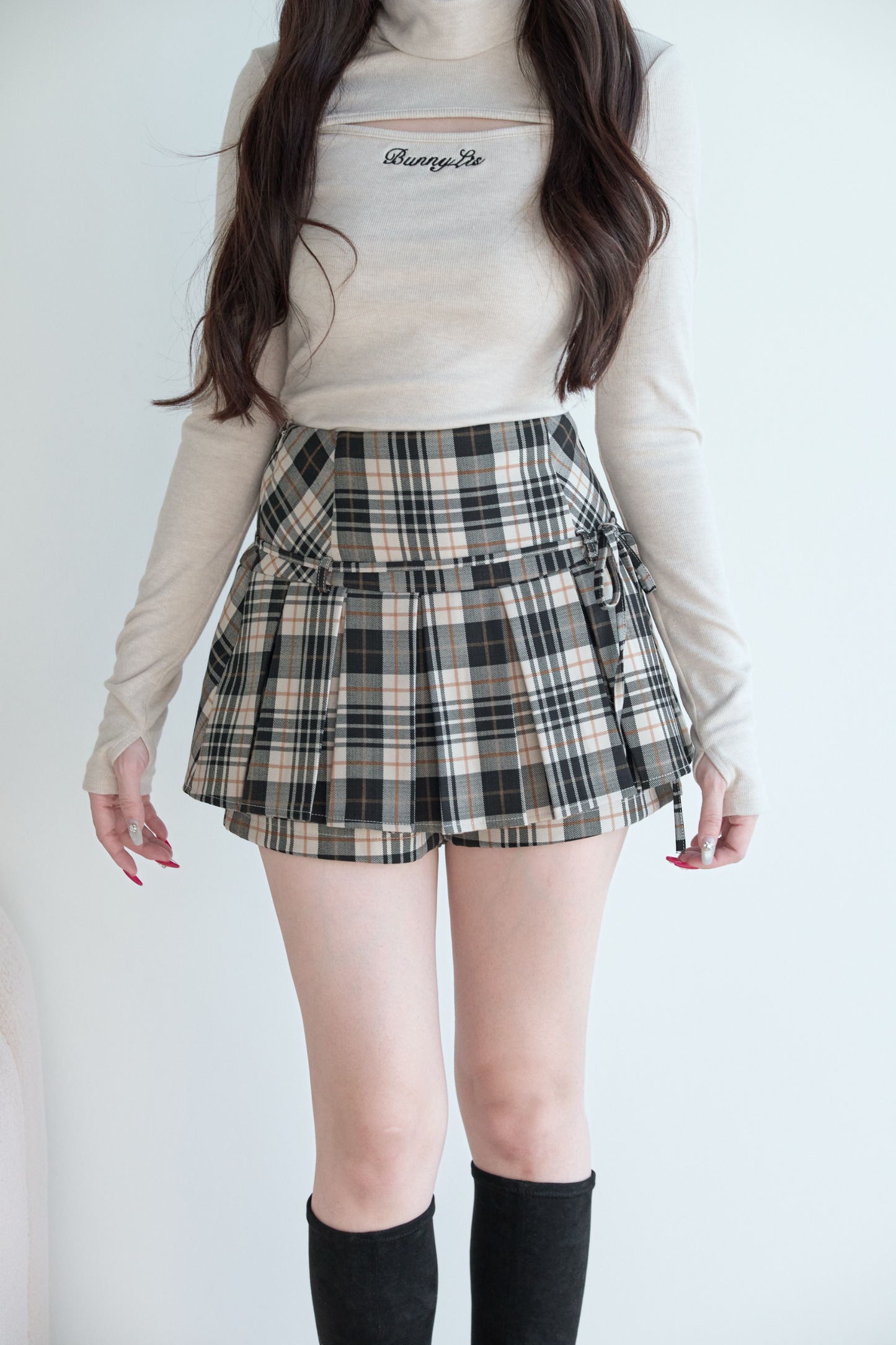 High Neck Knit Top + Check Skirt
