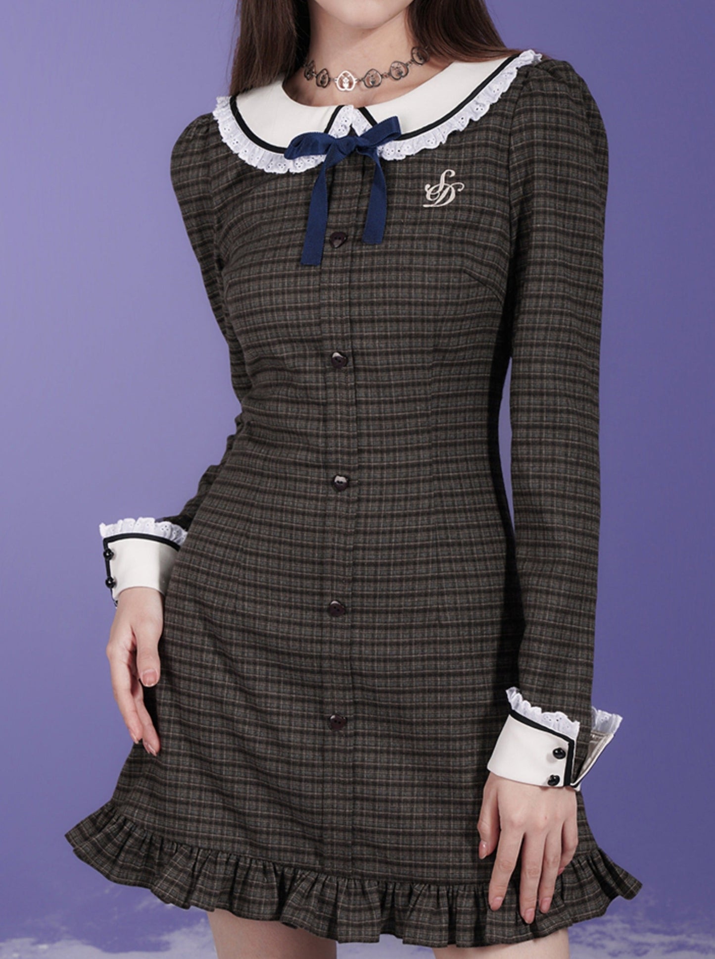 复古娃娃荷叶边格纹连衣裙