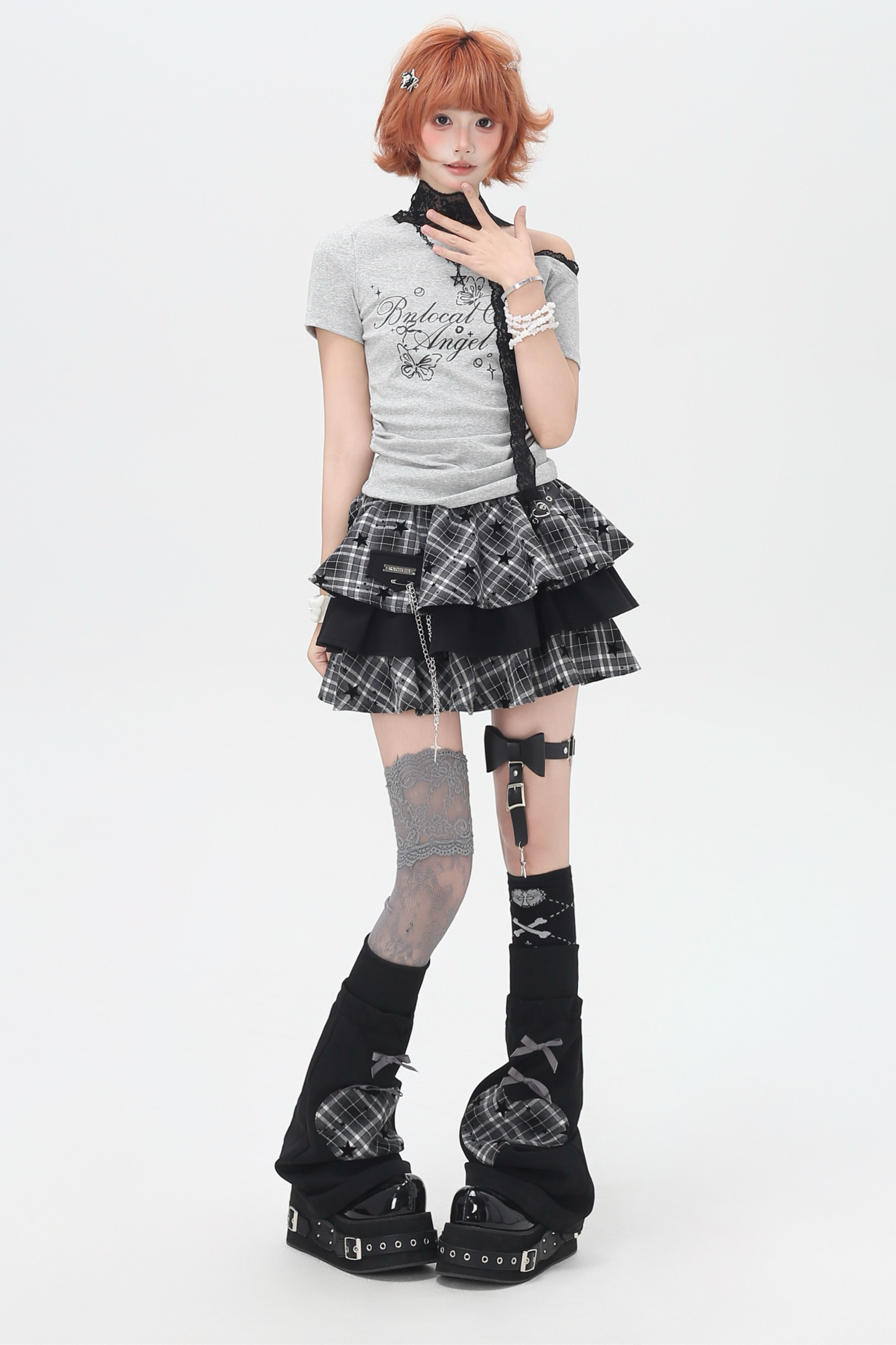 レースデザインワンショルダースリムトップス