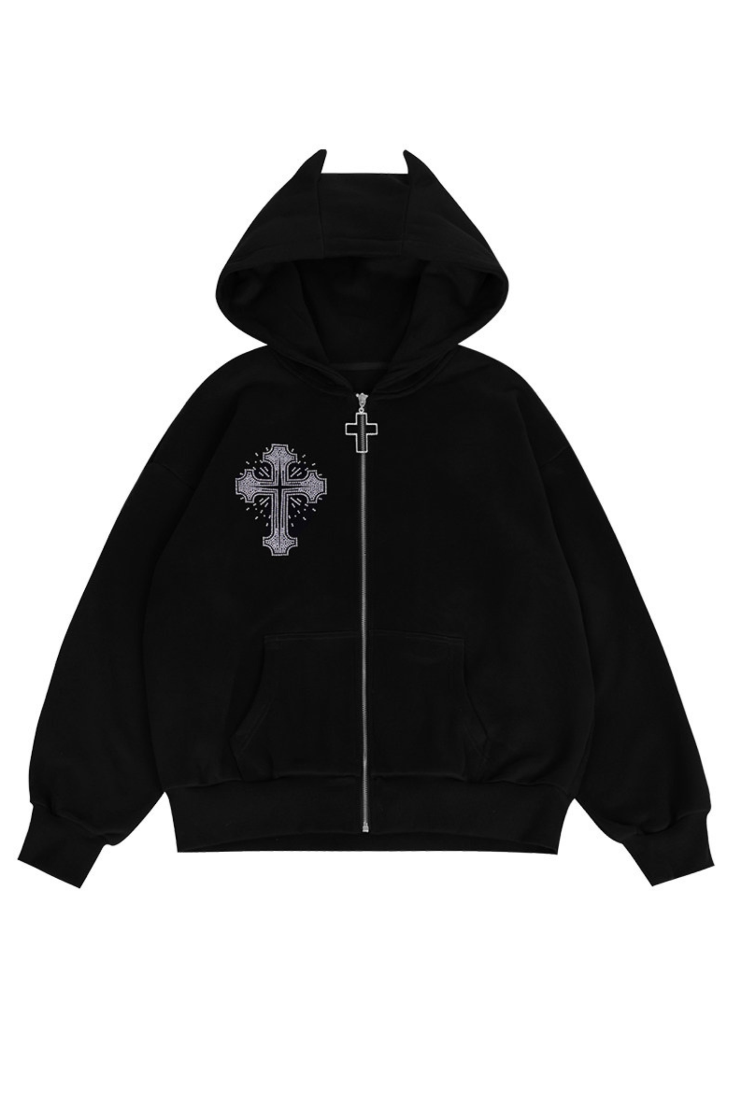 Cross Loose Devil Hooded Zip-Up Sweatshirt