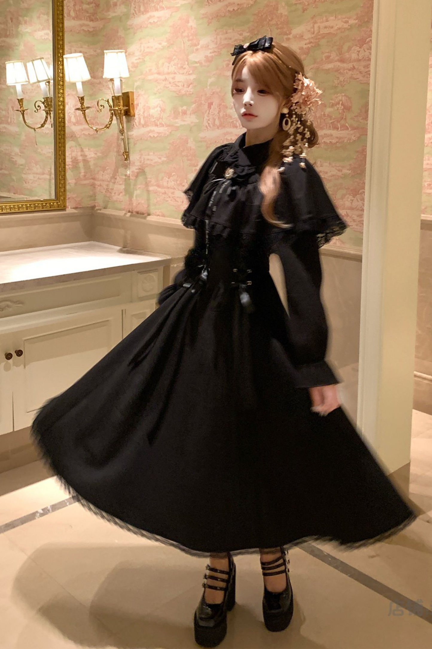 Lace-up Long Flared Cape Dress