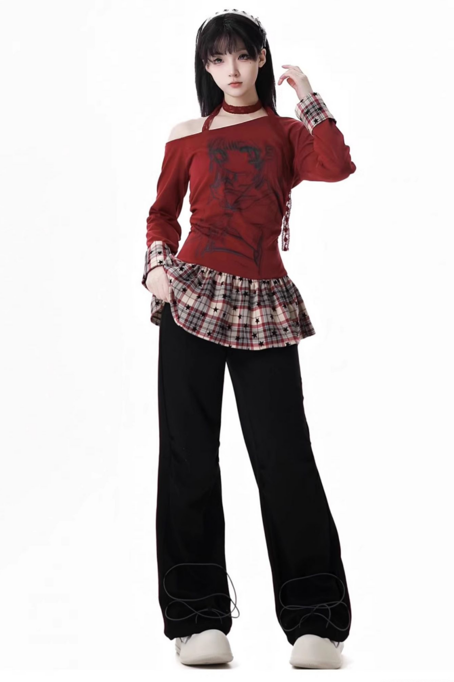 Y2Kガールチェックペプラムワンショルダートップス