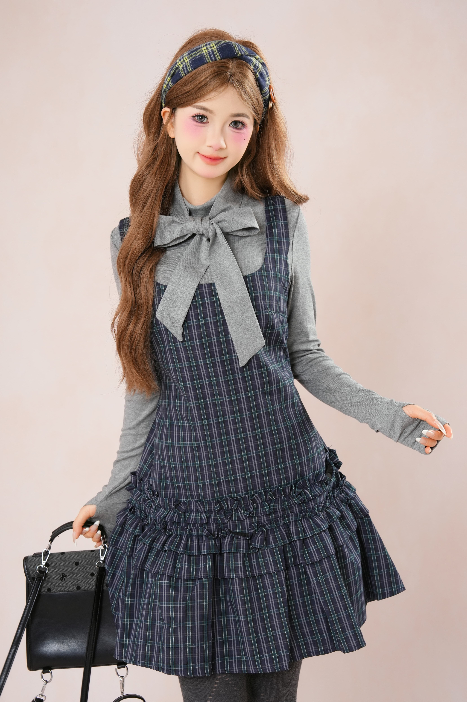 ダークフレンチフリルチェックノースリーブドレス+シャツ – Belchic