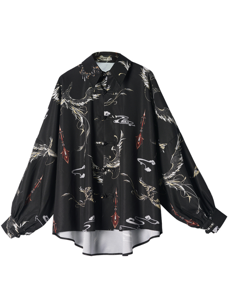 プリントルーズロングスリーブチャイナデザインユニセックスシャツ